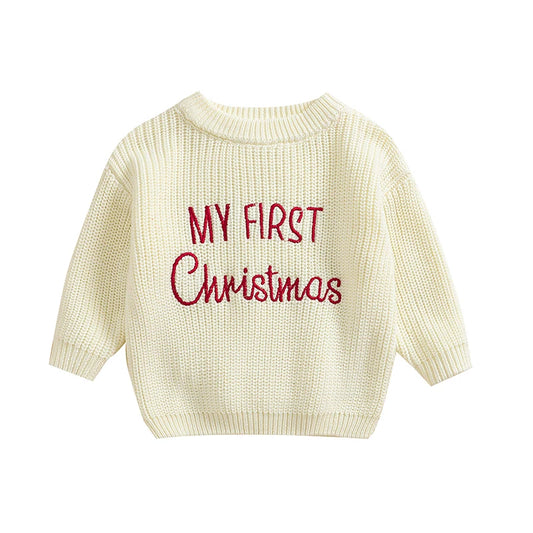 Baby Christmas Letter Embroidered Knitted Sweater – Long Sleeve Pullover (0–24 Months)