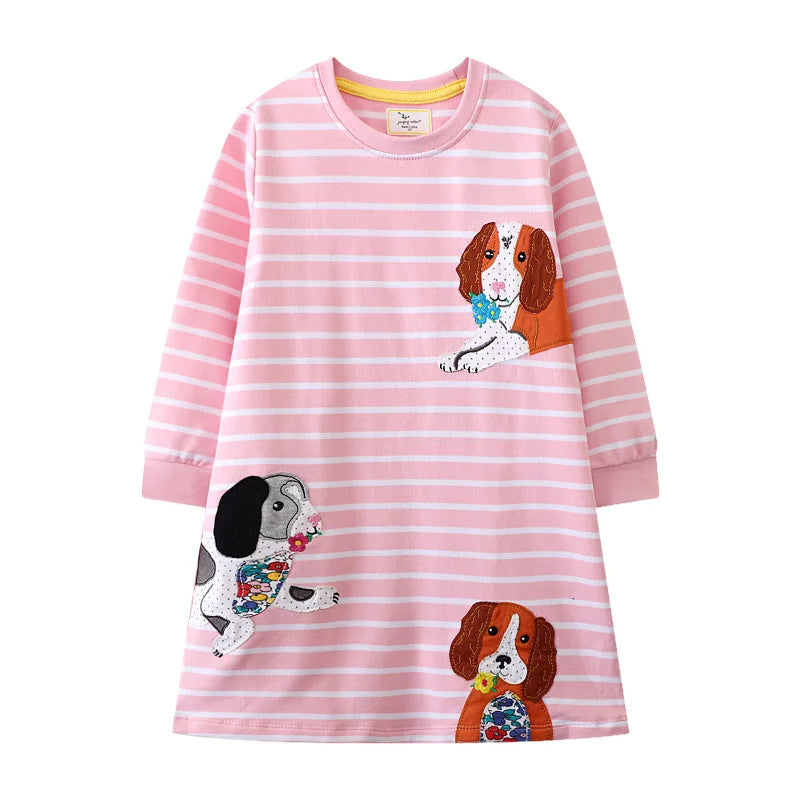 Girls Long Sleeve Animal Applique Cotton Dress