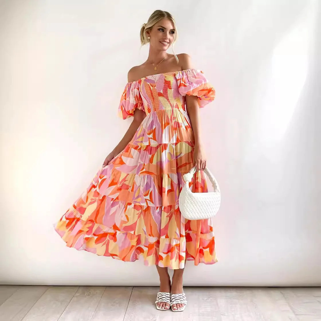 Women’s Off-Shoulder Puff Sleeve Floral Maxi Dress