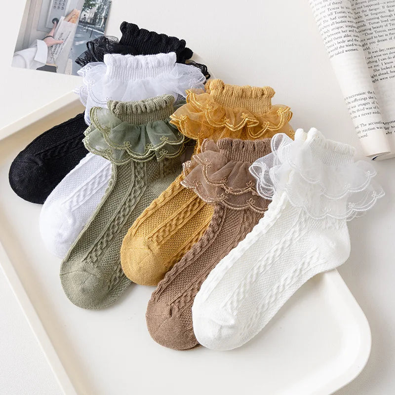 3 Pairs Girls’ Ruffle Lace Cotton Socks