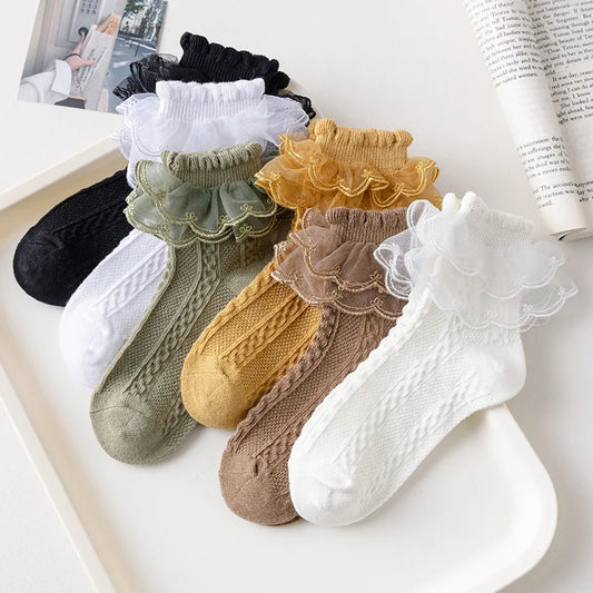3 Pairs Girls’ Ruffle Lace Cotton Socks