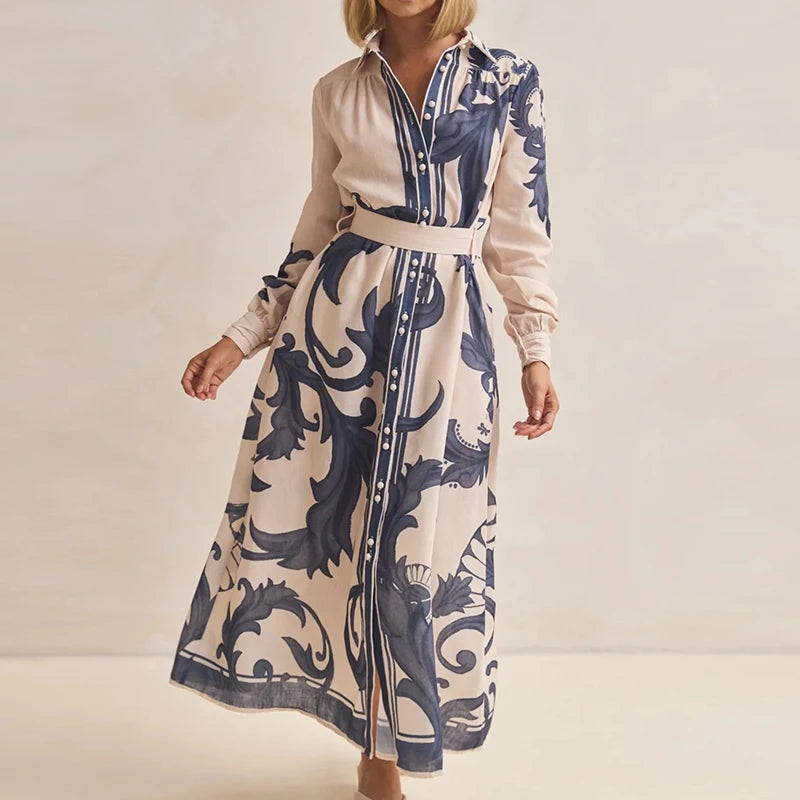 Elegant Lapel Pleated Contrast Long Dress