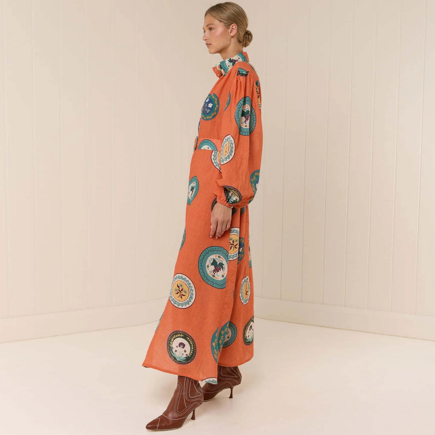 Women’s Orange Floral Print Belted Cotton-Linen Dress