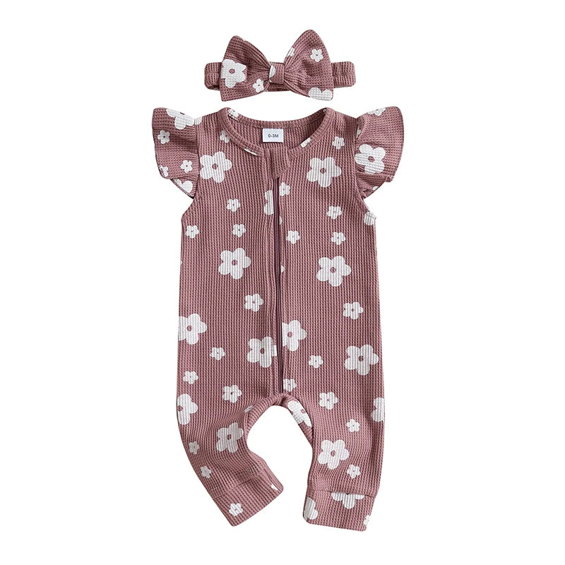 Baby Girls Summer Outfit – Floral Romper & Bow Headband (2-Piece Set)