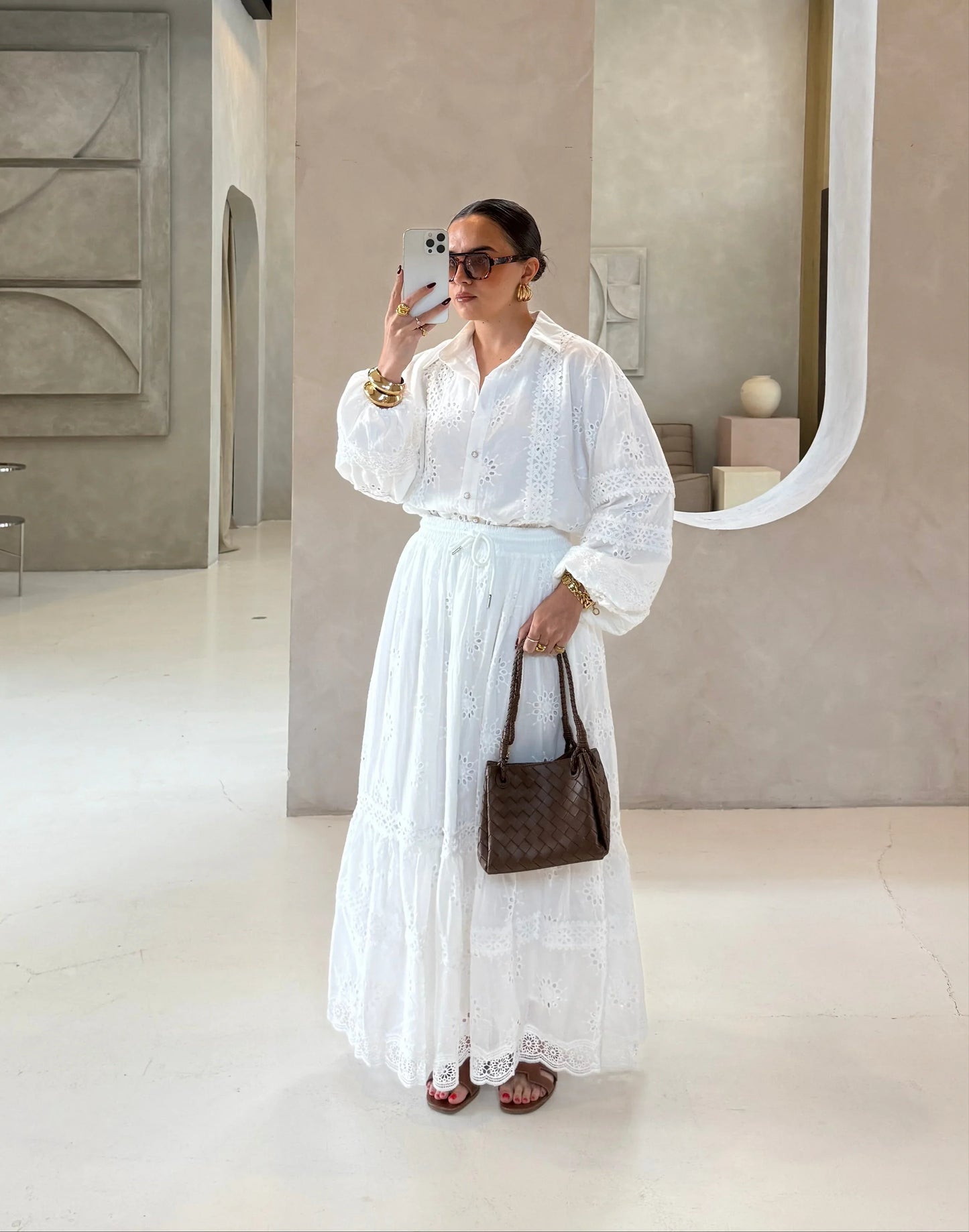 Embroidery Hollow Out Shirt & Skirt Set