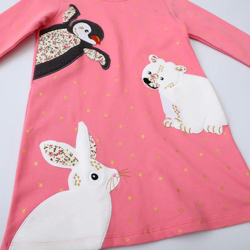 Girls Long Sleeve Animal Applique Cotton Dress