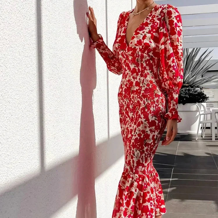 Elegant Spring Floral Print Lantern Sleeve V-Neck Fishtail Midi Dress