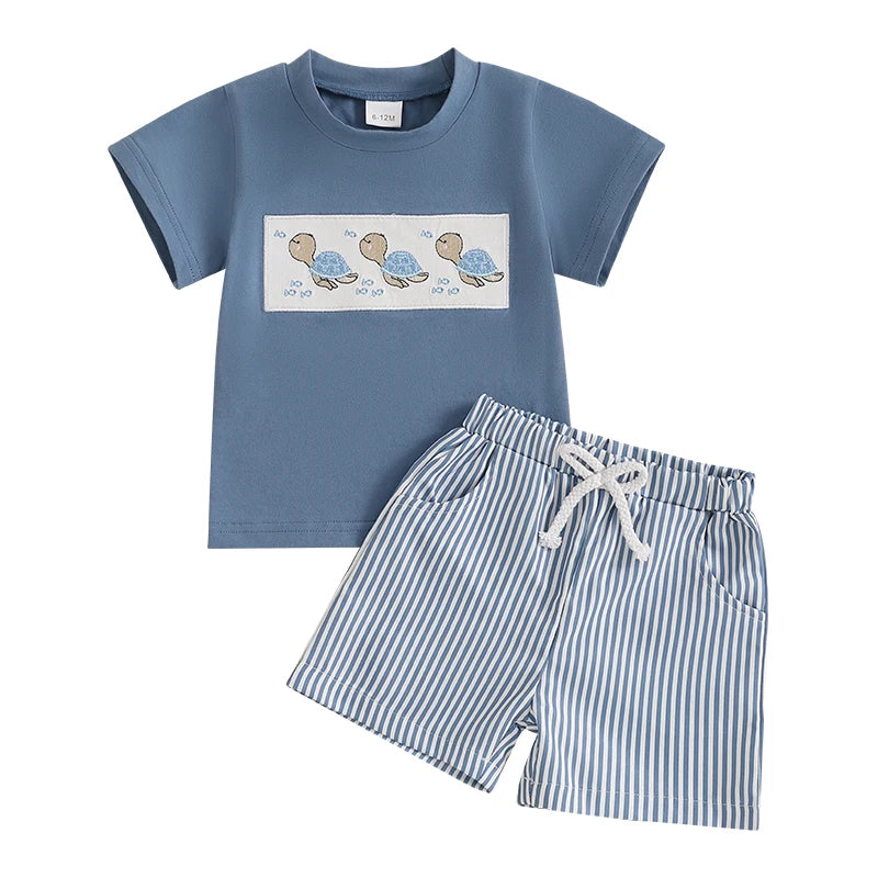 Toddler Boy Summer Outfit – Whale/Dinosaur/Turtle Tee & Striped Shorts (2-Piece Set)
