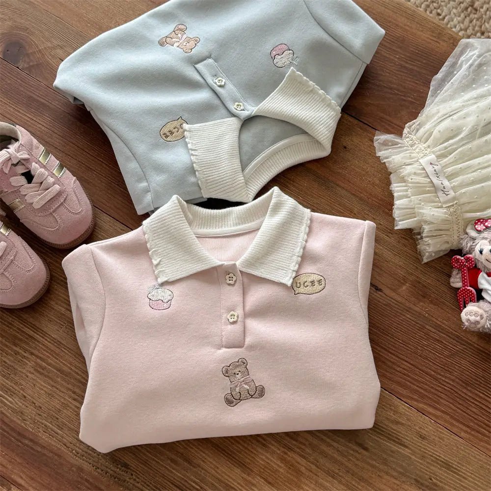 Toddler Girls Autumn Polo Dress – Cartoon Embroidery