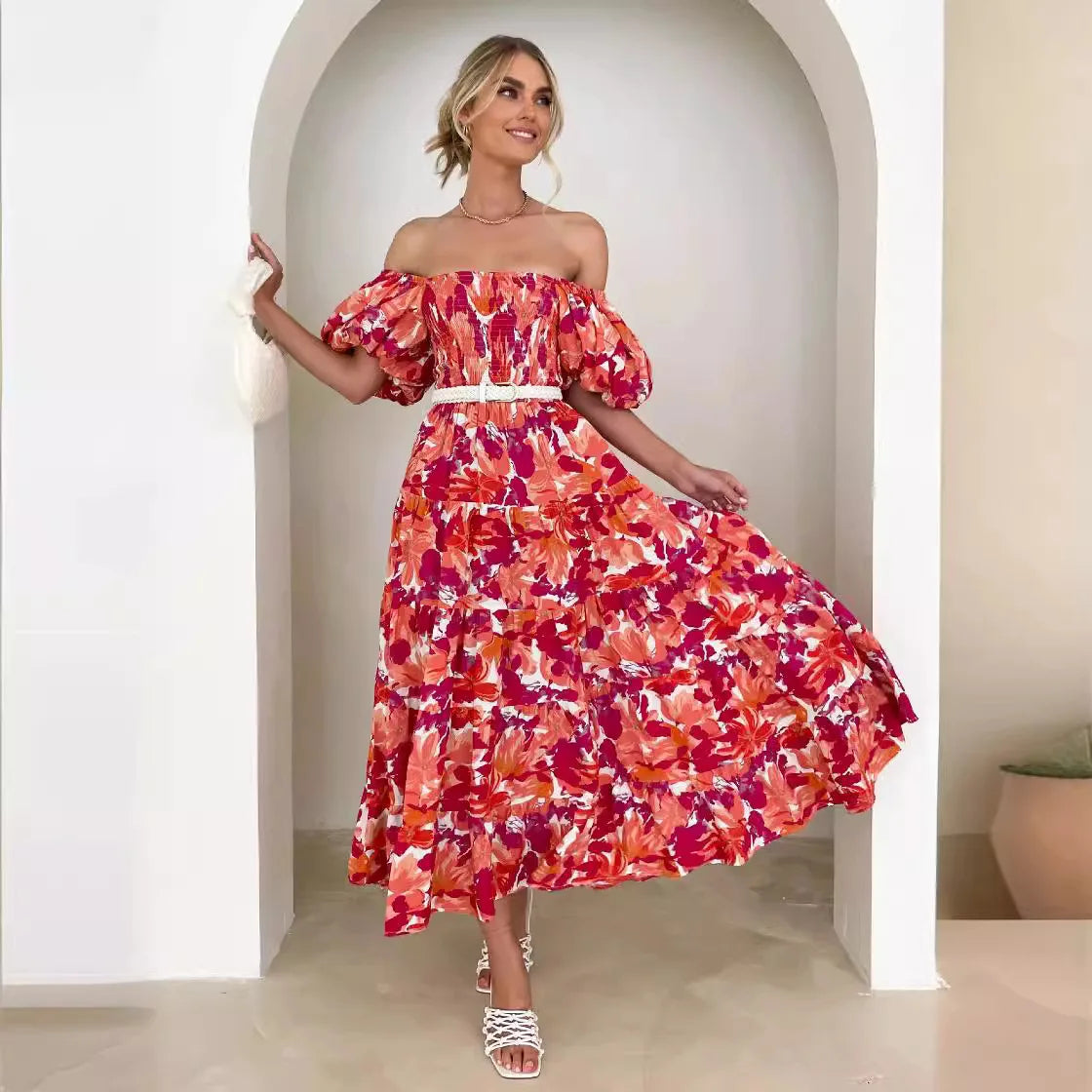 Women’s Off-Shoulder Puff Sleeve Floral Maxi Dress