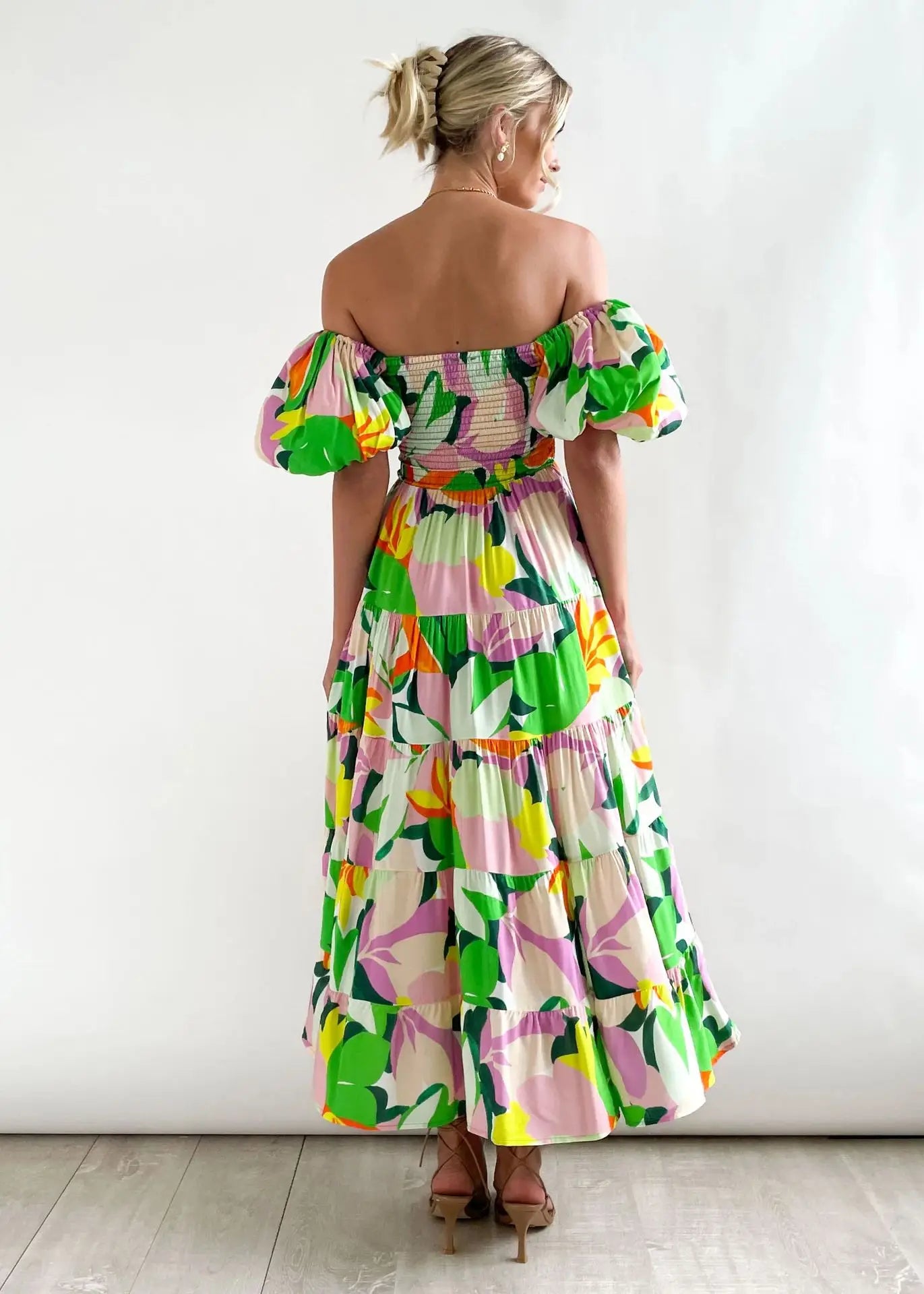Women’s Off-Shoulder Puff Sleeve Floral Maxi Dress