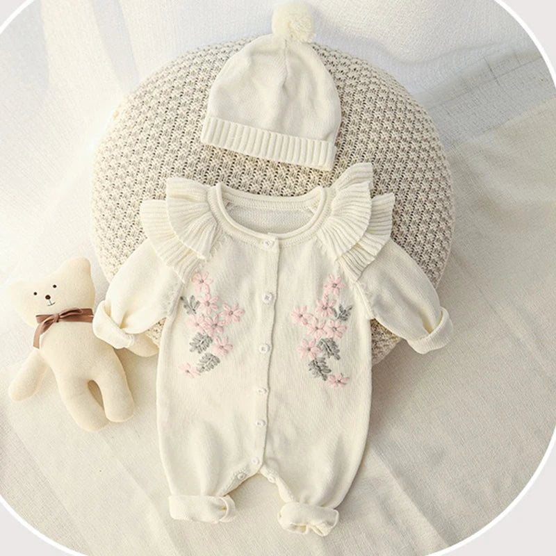 Baby Girl Knitted Romper with Matching Hat – Embroidered Floral Design