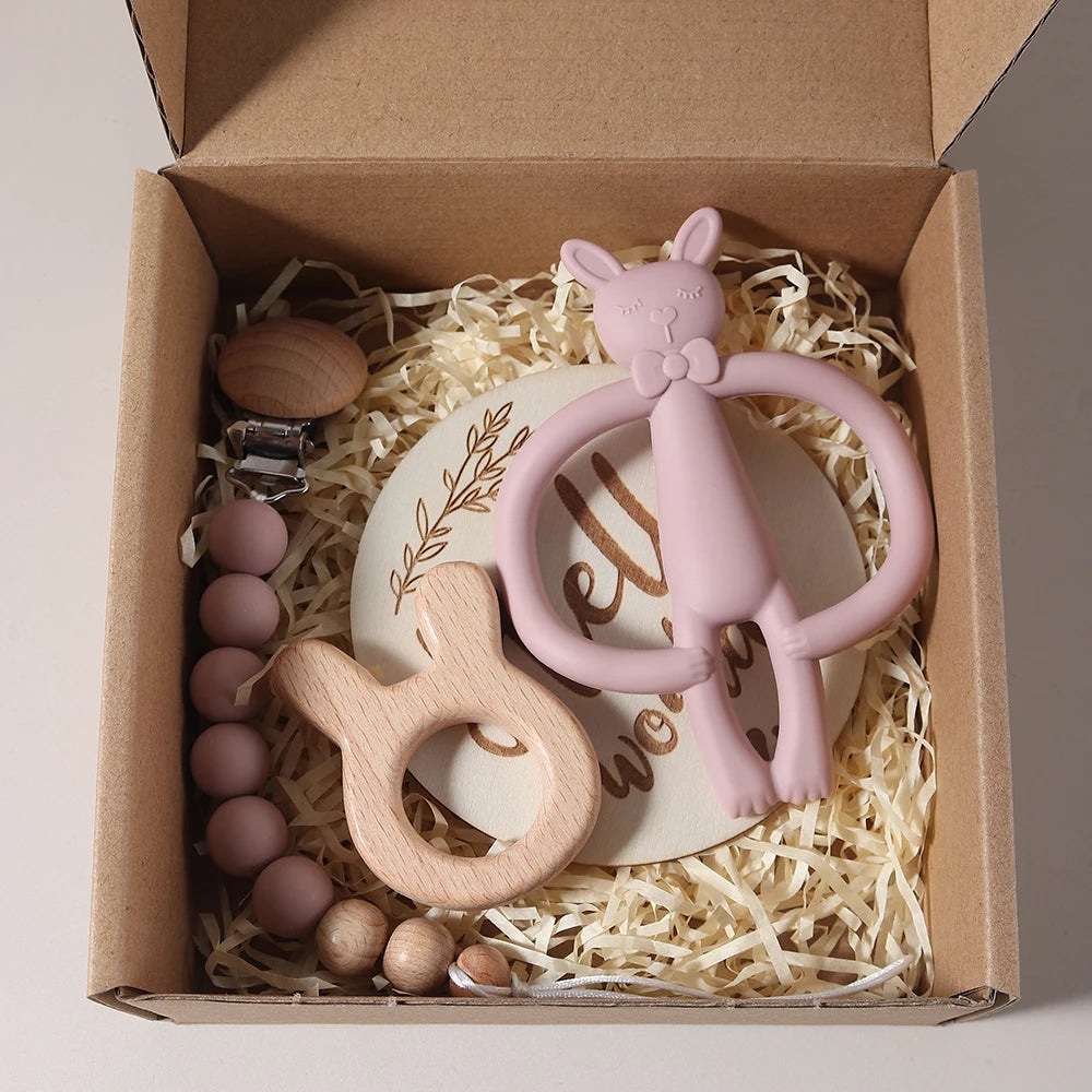 Newborn Growth Milestone Cards & Bunny Teether Gift Set