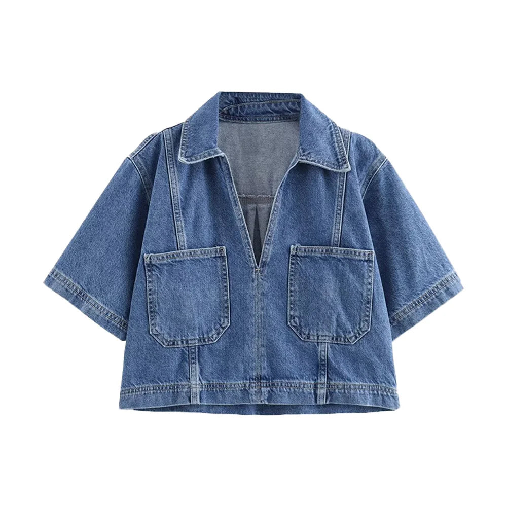 Women’s Denim Suit – V-Neck Top & Asymmetrical Culottes