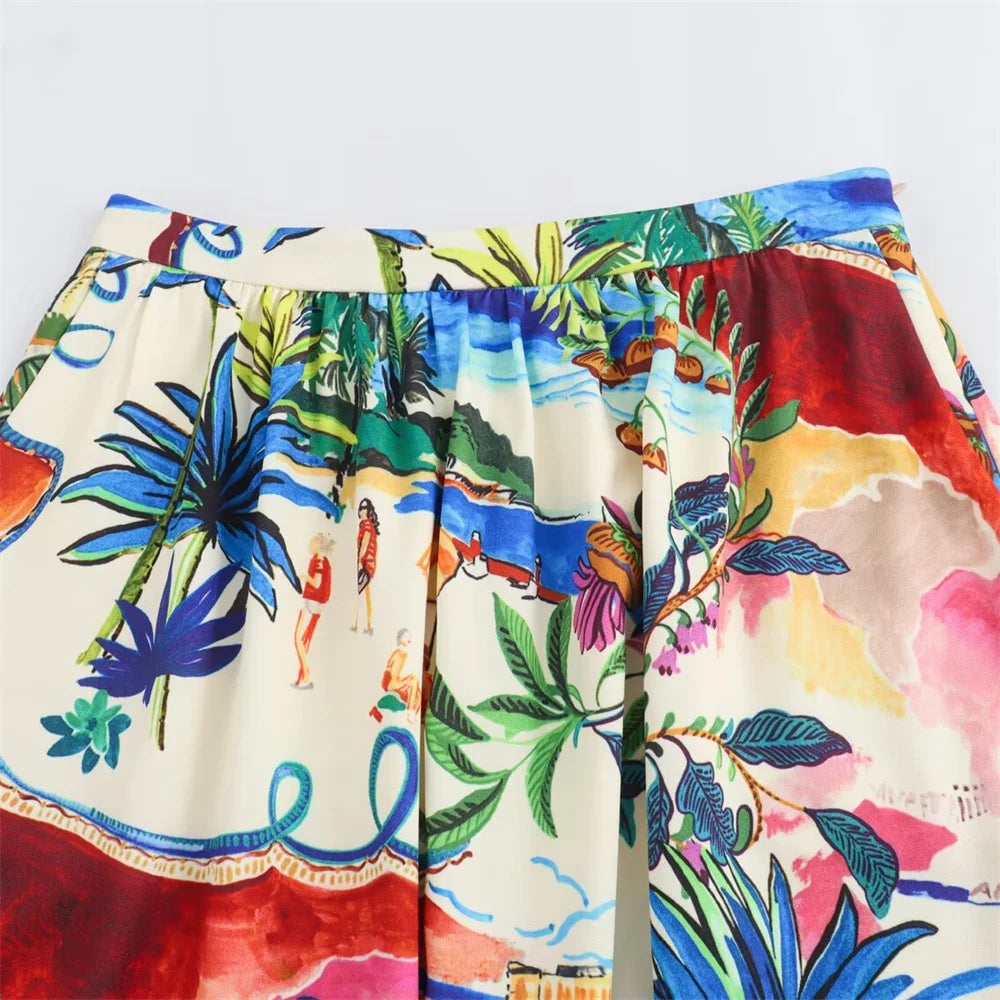 Printed Short Sleeve Shirt & High-Waist Midi Skirt Set – Casual Two-Piece Outfit