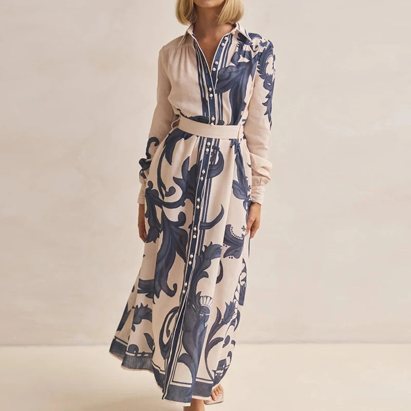 Elegant Lapel Pleated Contrast Long Dress