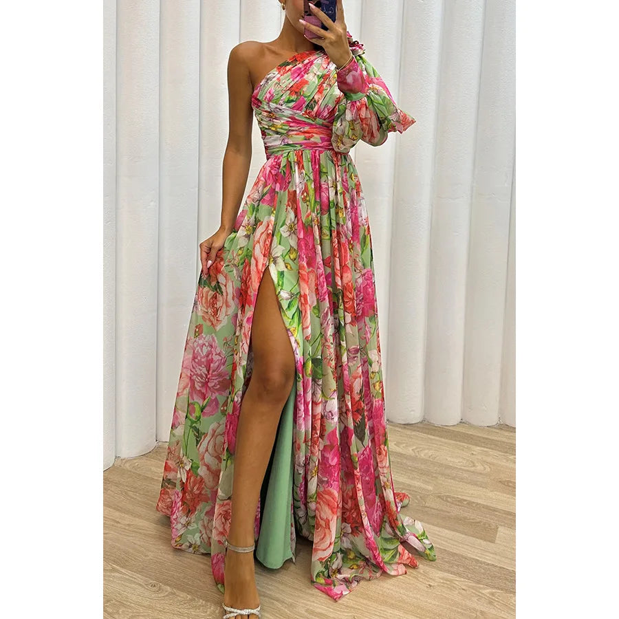 Women’s Long Sleeve Waist-Tied Print Slit Dress