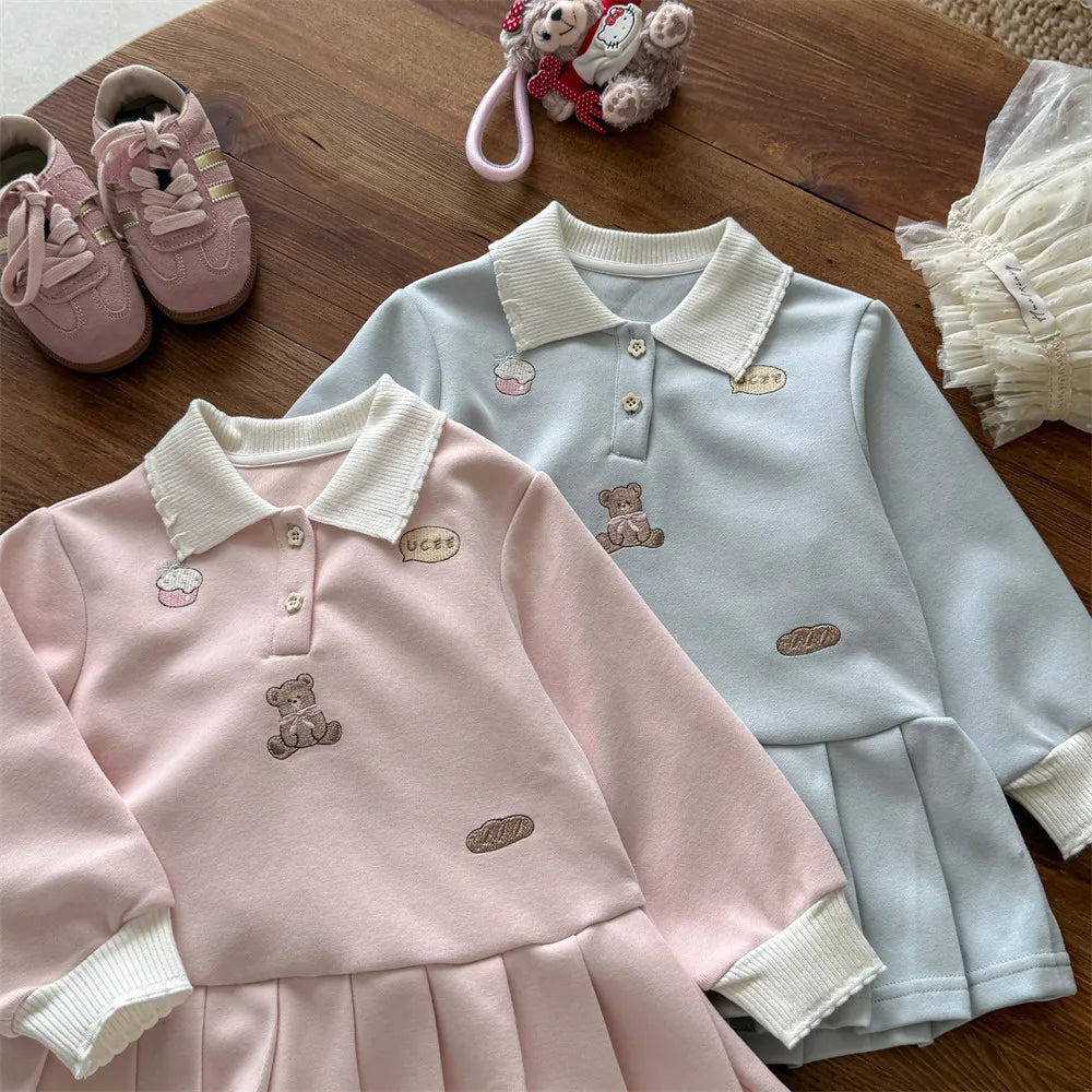 Toddler Girls Autumn Polo Dress – Cartoon Embroidery
