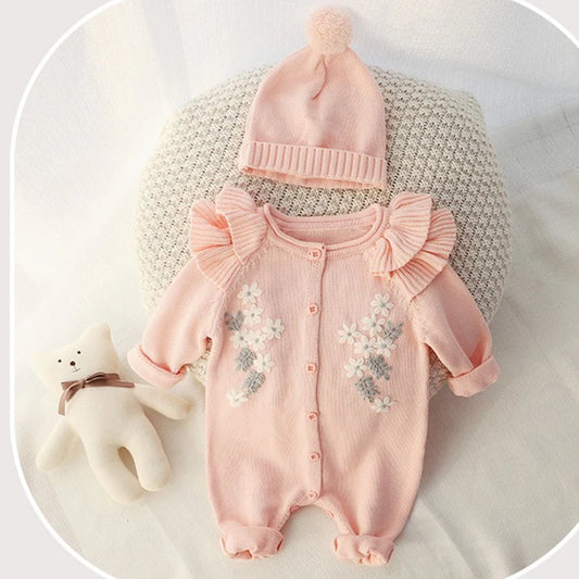 Baby Girl Knitted Romper with Matching Hat – Embroidered Floral Design