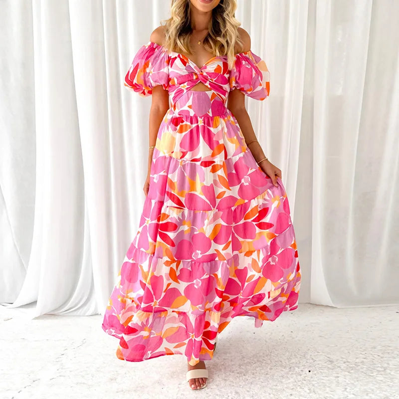 New Hollow Out Puff Sleeve Maxi Dress