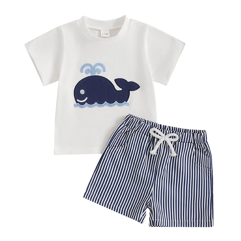 Toddler Boy Summer Outfit – Whale/Dinosaur/Turtle Tee & Striped Shorts (2-Piece Set)
