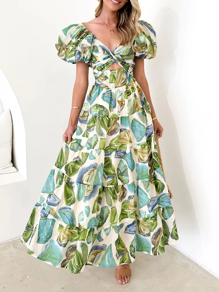 New Hollow Out Puff Sleeve Maxi Dress