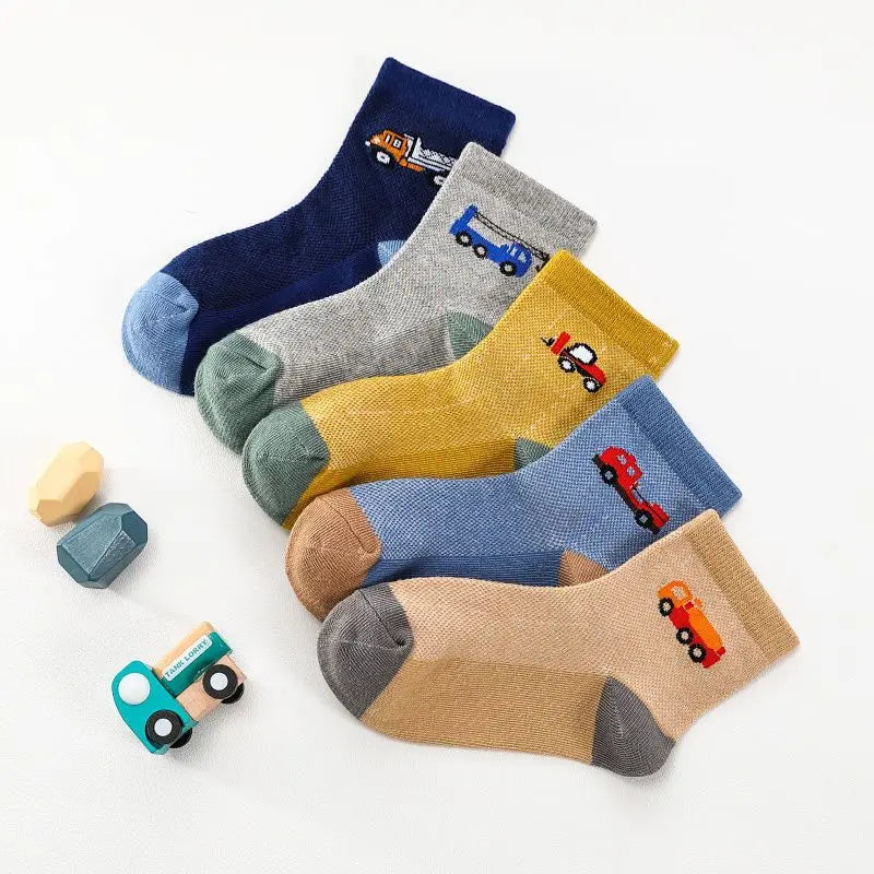 Kids Cotton Ankle Socks – Cartoon Vehicle Design (5 Pairs/Set)