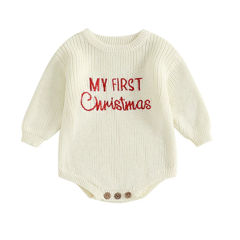 Baby Knit Christmas Romper – Letter Embroidered Long Sleeve Jumpsuit