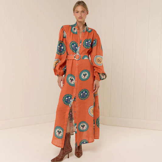 Women’s Orange Floral Print Belted Cotton-Linen Dress