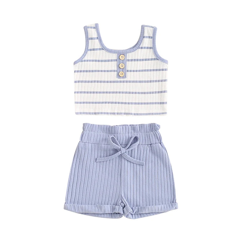 Ribbed Striped Sleeveless Buttoned Vest Tops & Shorts Set