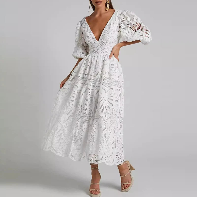 Women’s Embroidered Lace Puff Sleeve A-Line Dress
