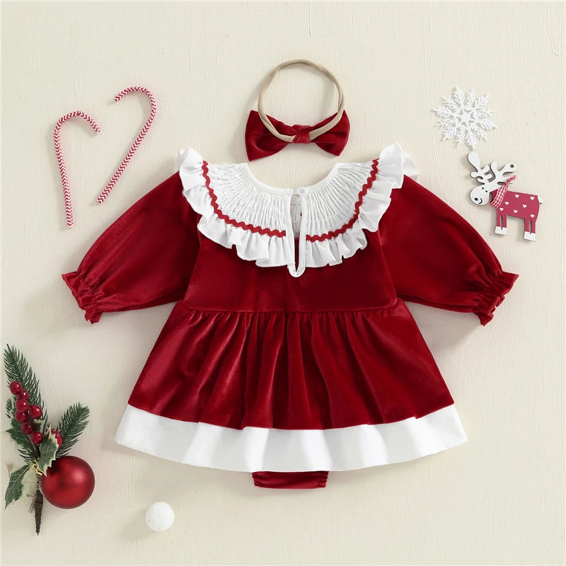 Newborn Baby Girl Christmas Outfit – Santa Tree Embroidered Romper with Headband