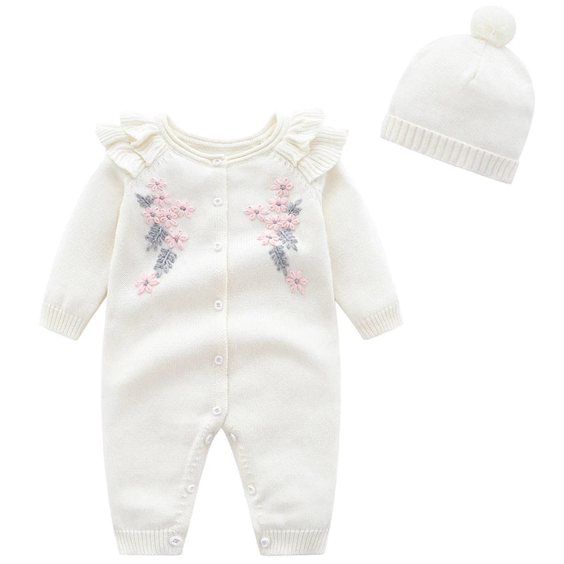 Baby Girl Knitted Romper with Matching Hat – Embroidered Floral Design