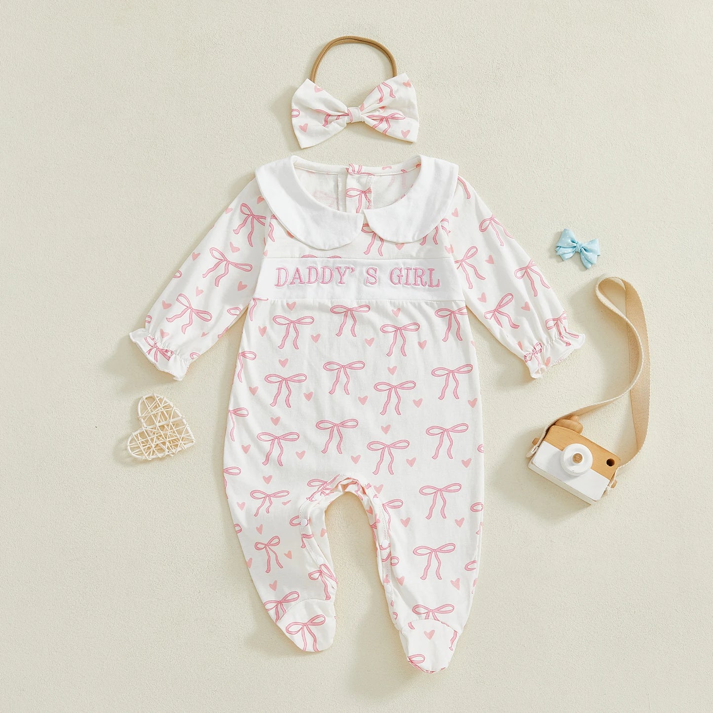 Newborn Baby Girl Bow/Floral Print Jumpsuit with Headband