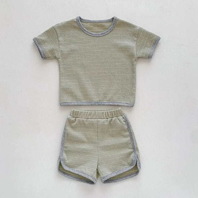 Summer Waffle Cotton Baby Clothing Set – T-shirt & Shorts (3M–3Y)