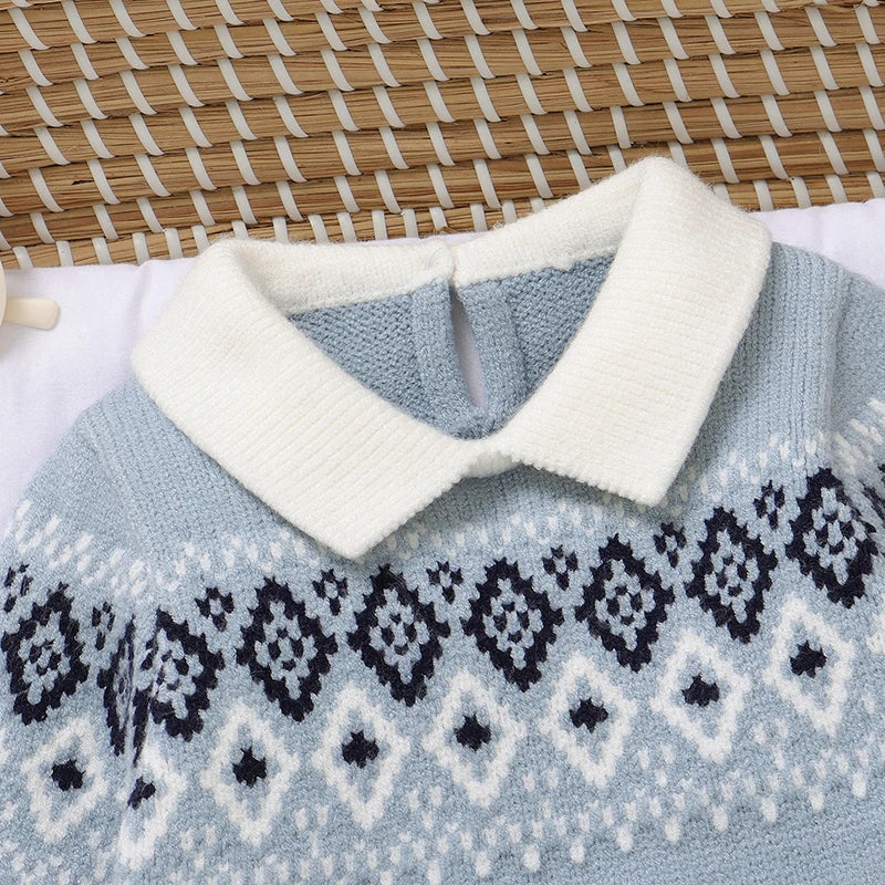 Geometric Knitted Baby Romper – Turn-Down Collar & Footed Design