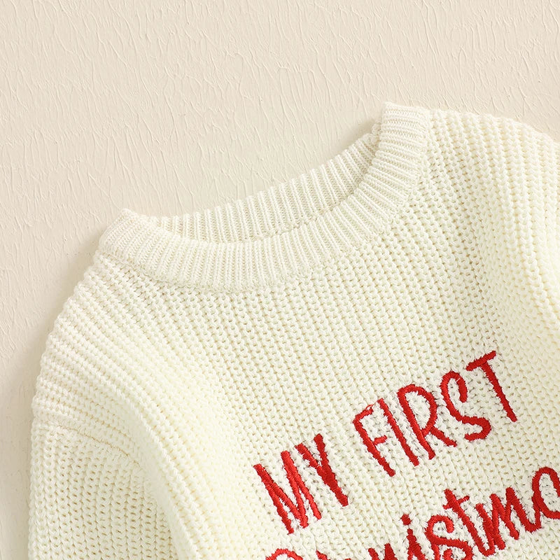 Baby Knit Christmas Romper – Letter Embroidered Long Sleeve Jumpsuit