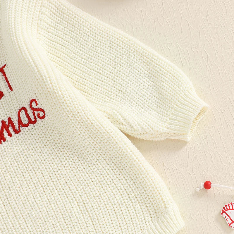 Baby Knit Christmas Romper – Letter Embroidered Long Sleeve Jumpsuit