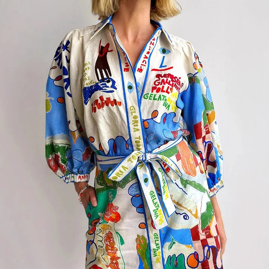 Linen-Look Shirt Dress – Casual Printed Lace-Up Mini Dress