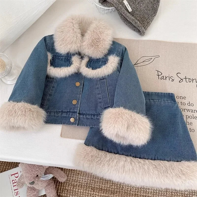 Girls Autumn & Winter Denim Coat and Skirt Set (2-Piece)