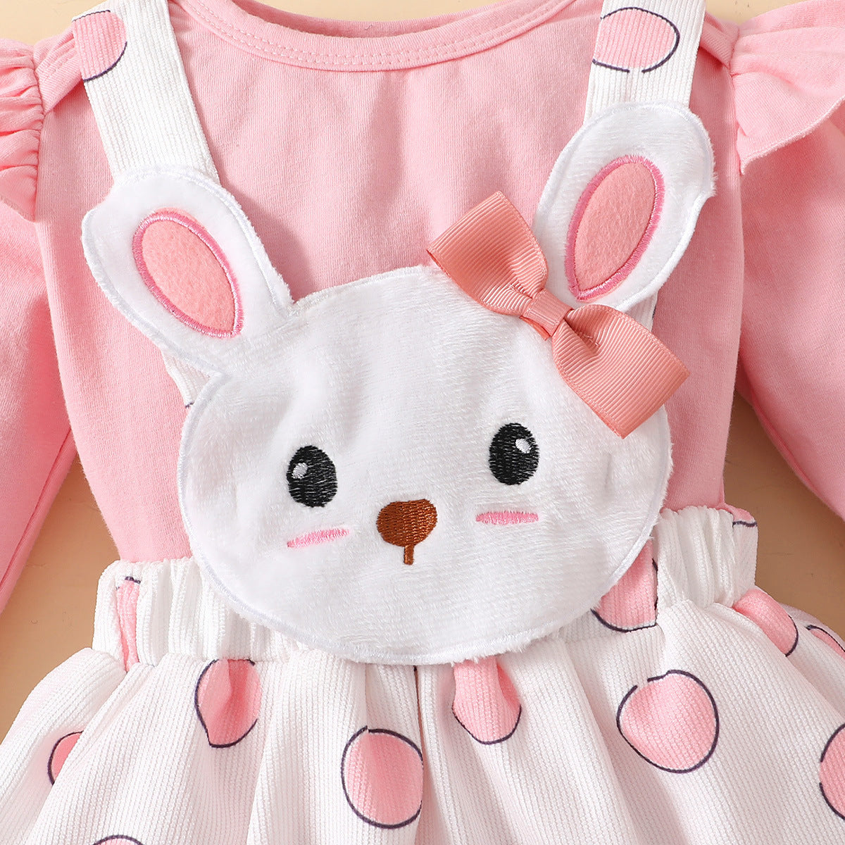 Polka Dot Rabbit Embroidered Suspender Dress Set with Headband