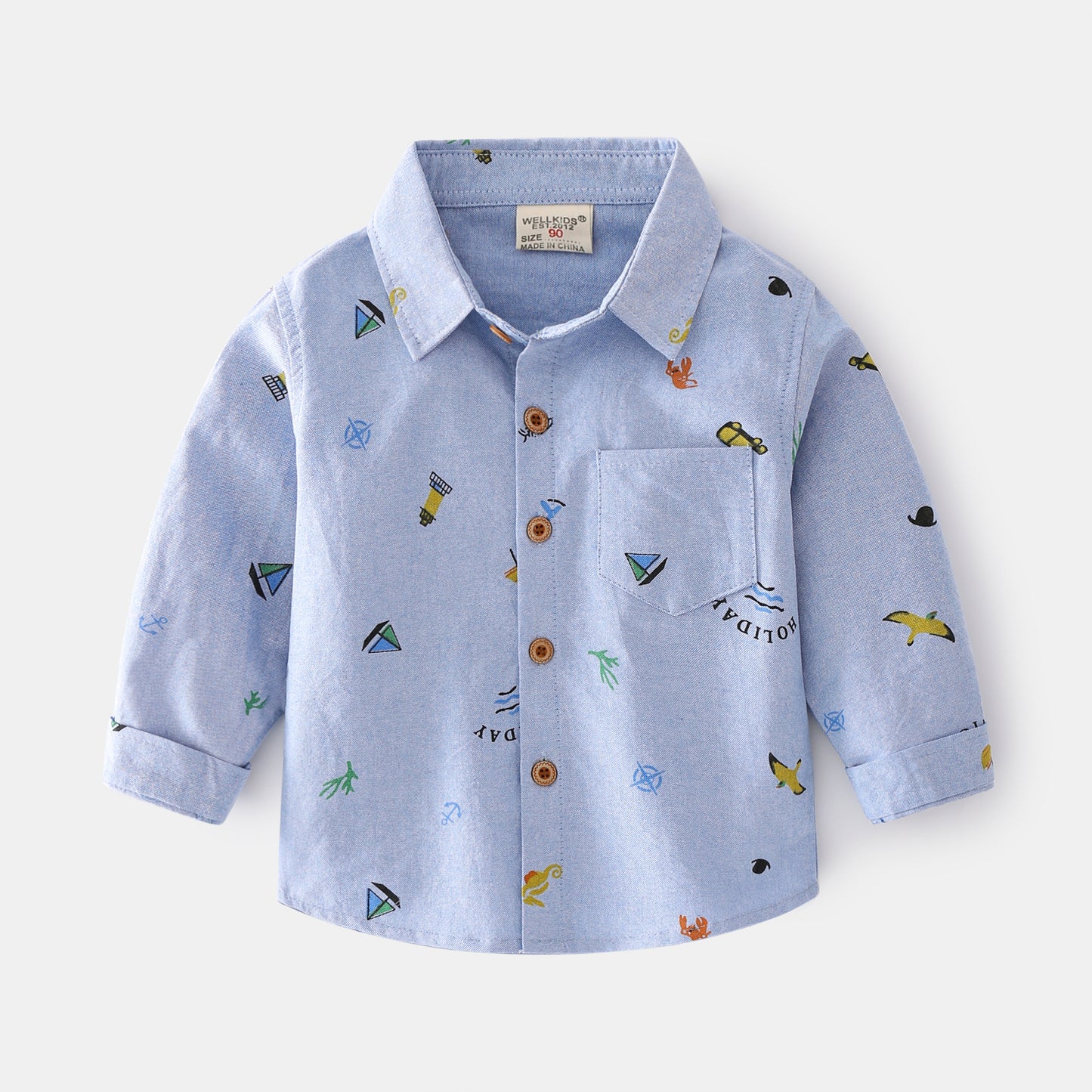 Boys’ Cartoon Print Long Sleeve Lapel Shirt – Casual Oxford Cotton Shirt (Ages 2–8)