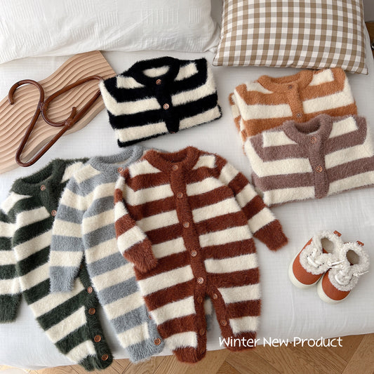 Striped Baby Mink-Feel Romper – Warm & Unisex