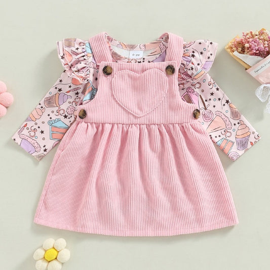 Baby Girl Corduroy Suspender Dress Set – Printed Long Sleeve Top + Dress (0–18M)
