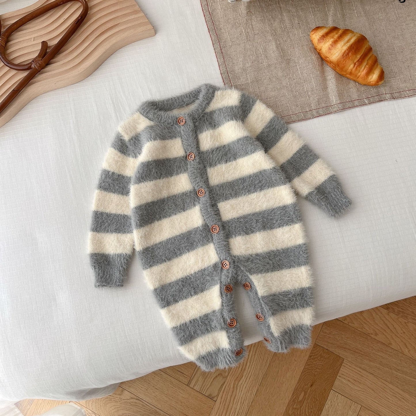 Striped Baby Mink-Feel Romper – Warm & Unisex