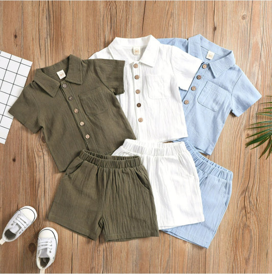 Boys’ Cotton and Linen Polo Shirt Two-Piece Set – Summer Outfit
