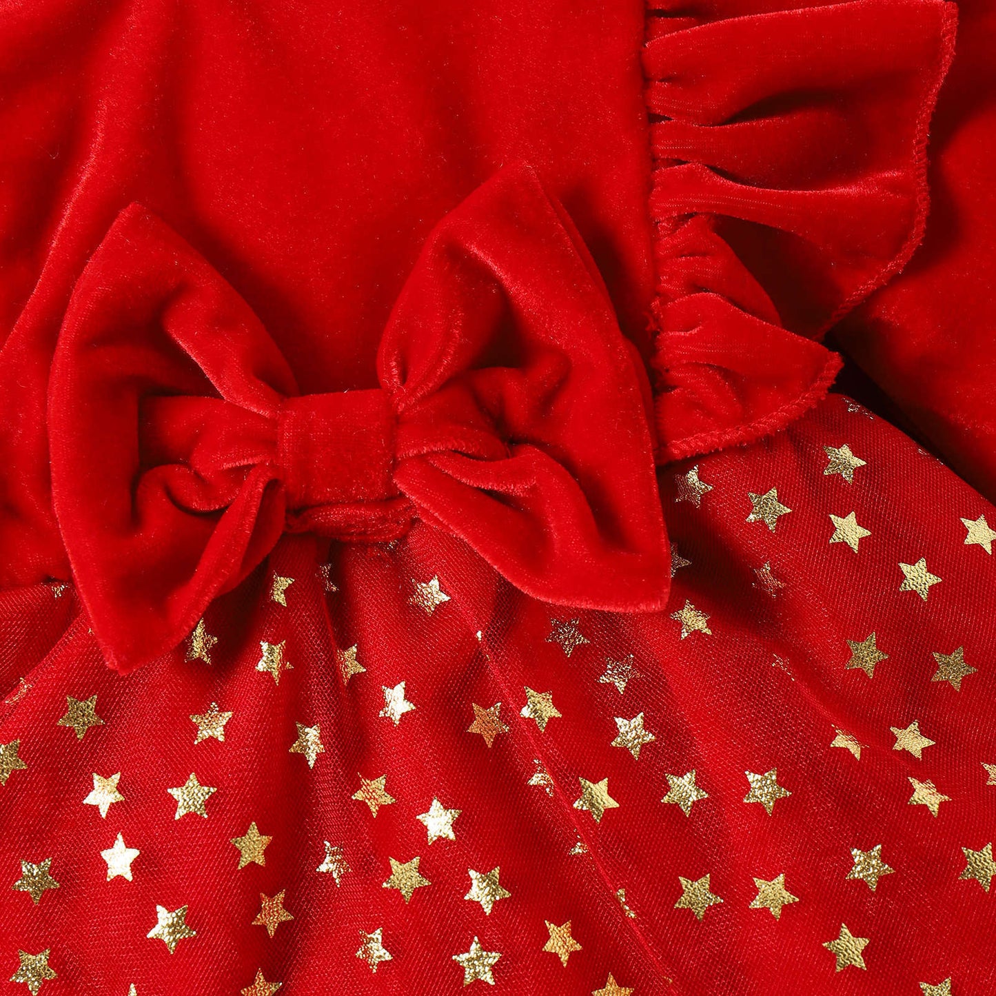 Infant & Toddler Winter Star Dress – Velvet Patchwork Long Sleeve Outfit (Red)