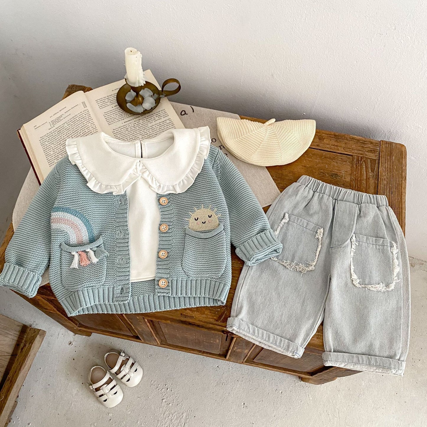Infant & Toddler Girls’ Rainbow Embroidered Cotton Knit Cardigan